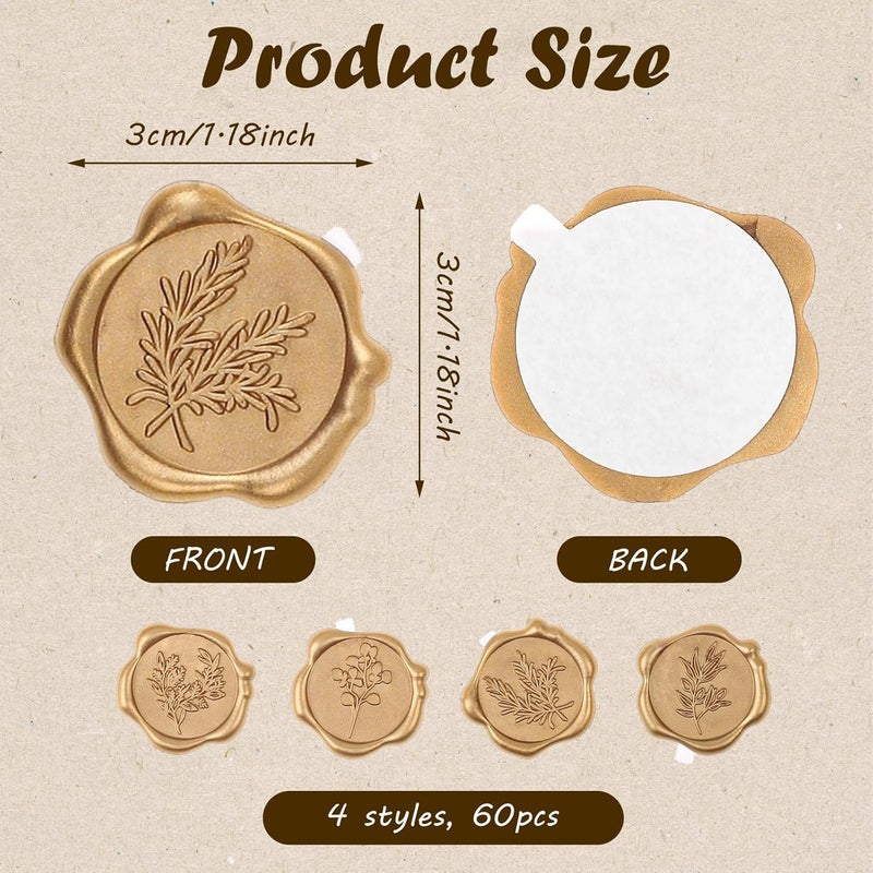 WSICSE 60Pcs Wax Seal Stickers, Wedding Invitation Envelope Seal Stickers Adhesive Backed Light Gold for Wedding, Party,Valentine's Day,Mother's Day, Gift Wrapping (4 Leaf Styles) - Image 2